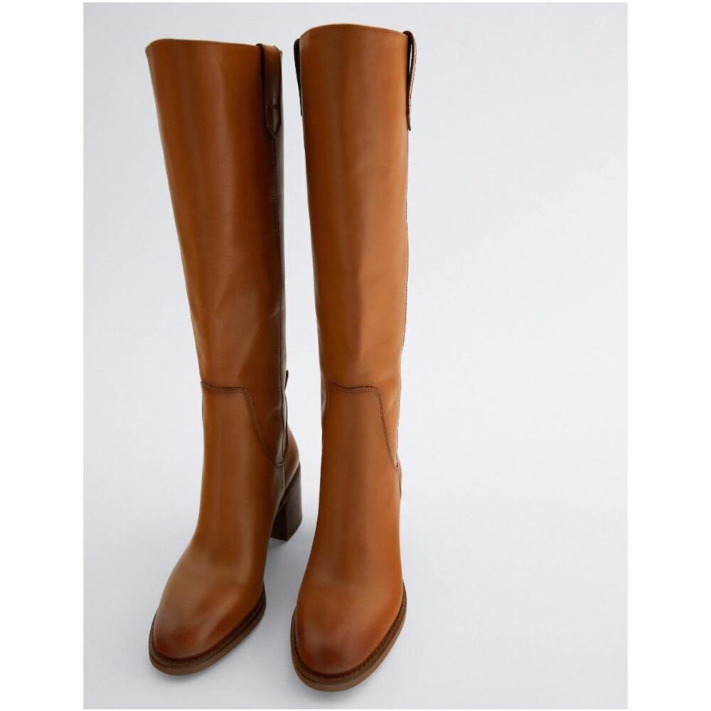 Zara Leather Knee High Block Heel Pull On Boots - Picture 11 of 15
